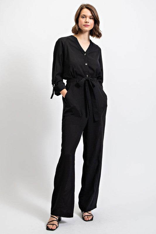 Roll Sleeve Jumpsuit with Waist Tie