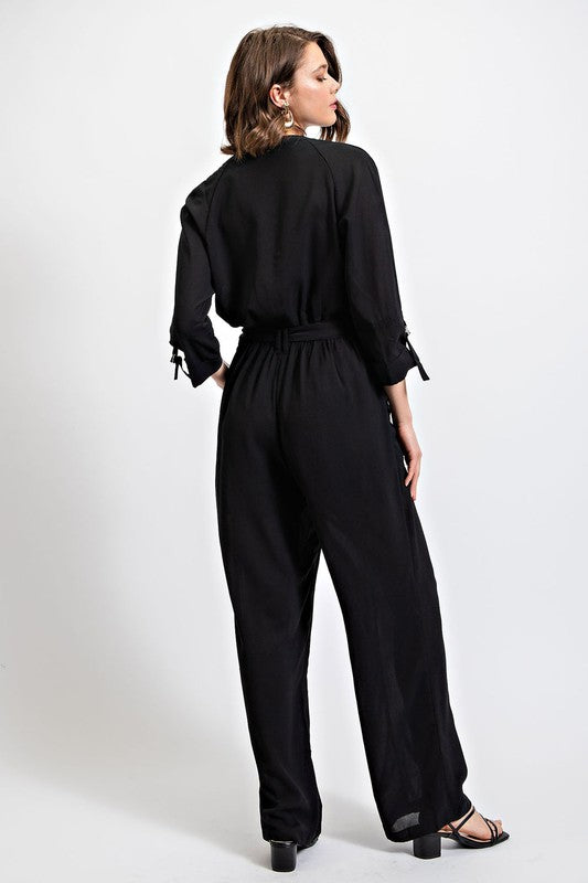 Roll Sleeve Jumpsuit with Waist Tie