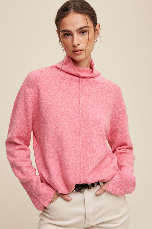 Soft Touch Raw Edge Mock Neck Sweater