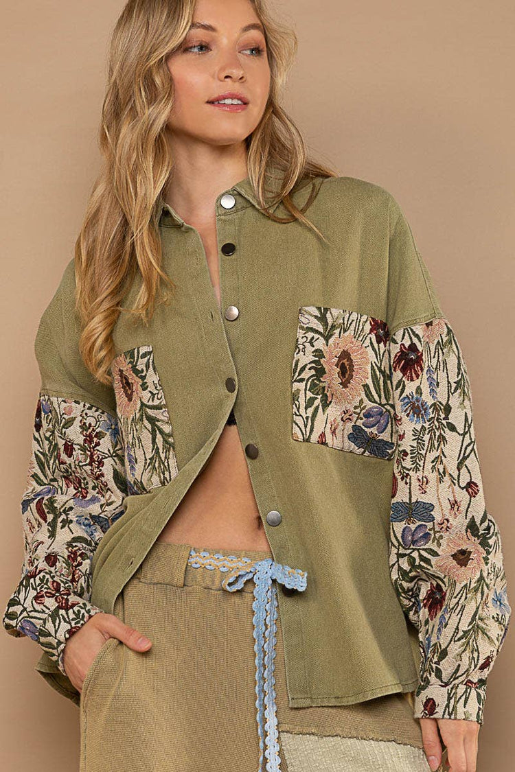 Relaxed fit contrast jacquard sleeve button down shacket