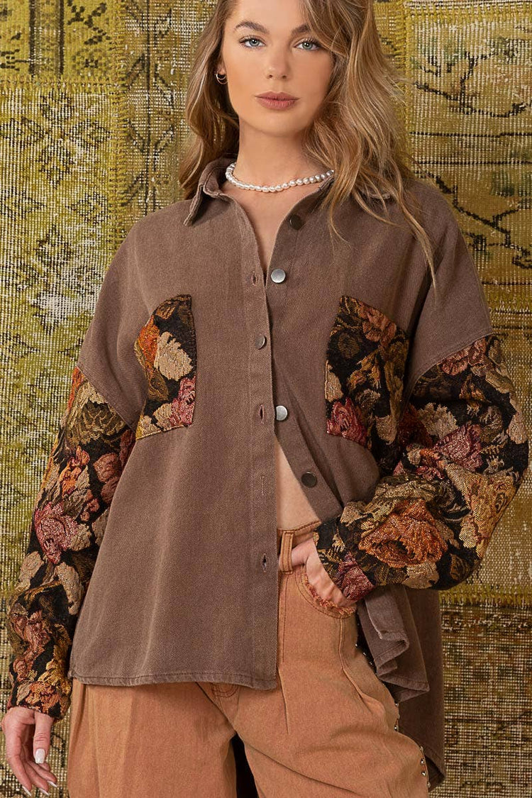 Relaxed fit contrast jacquard sleeve button down shacket