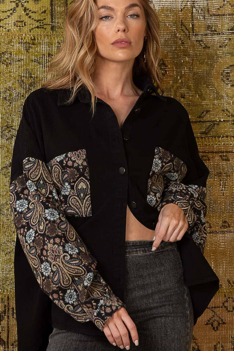Relaxed fit contrast jacquard sleeve button down shacket: L / BLACK